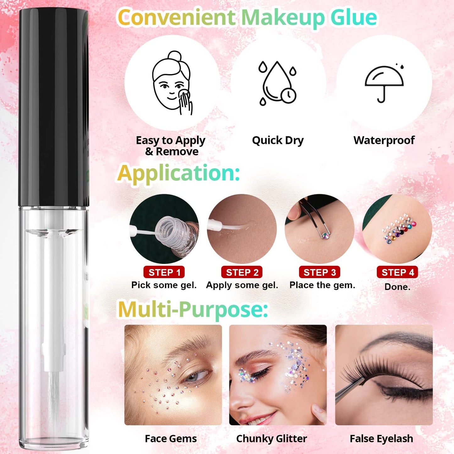 Round Flatback Face Gems Kit (Colorful) for Makeup with Quick Dry Glue + Brush + Tweezer, Nail Art Rhinestones Mixed Color Iridescent Chameleon Glass Crystal Beads for Make-up Deco