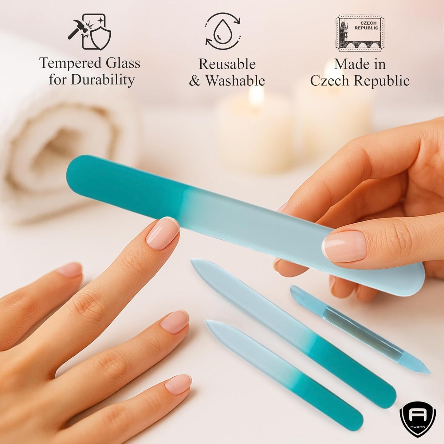 Alban Czech Glass Nail File Set with Manicure Stick & Vegan Leather Cosmetic Case (Turquoise Nail Files, Light Blue Manicure Stick & Cosmetic Case)