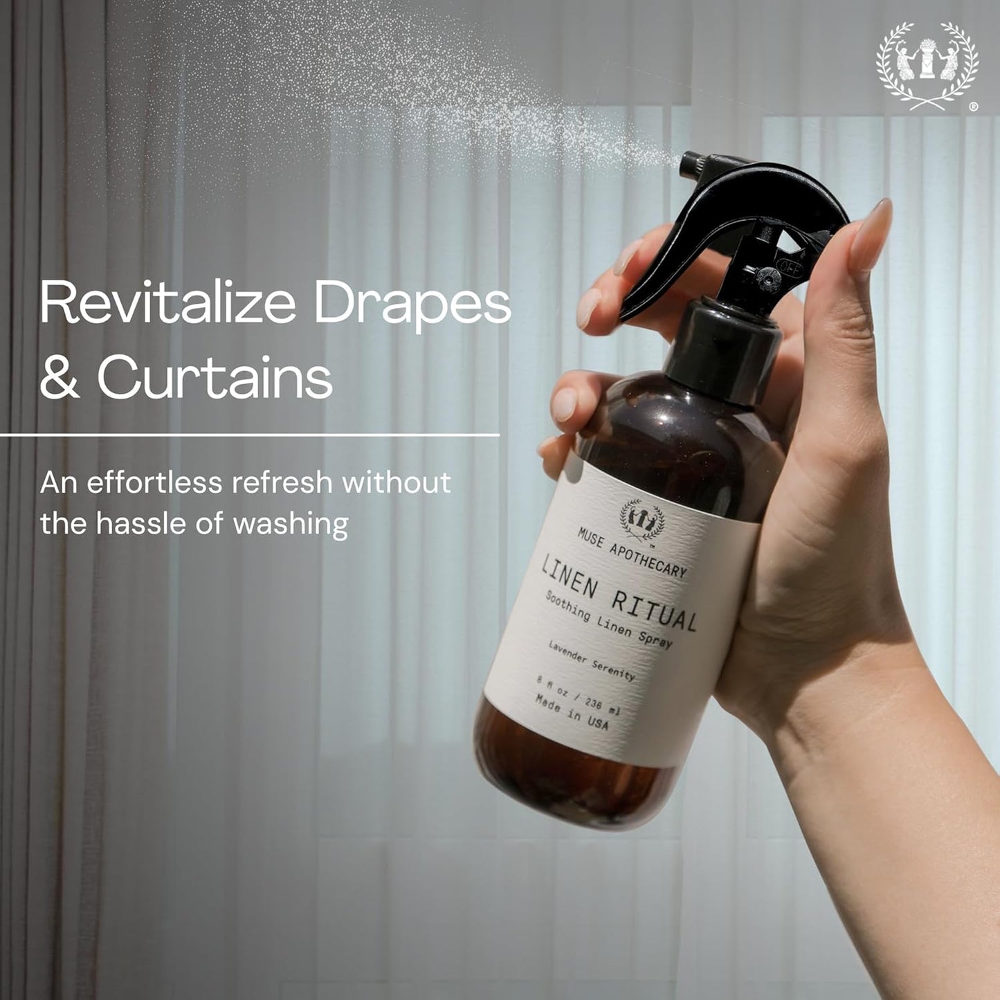 Muse Apothecary Linen Ritual - Aromatic, Soothing, and Relaxing Linen Mist, Laundry and Fabric Spray - Infused with Aromatherapy Essential Oils - 8 oz, Amber Cashmere