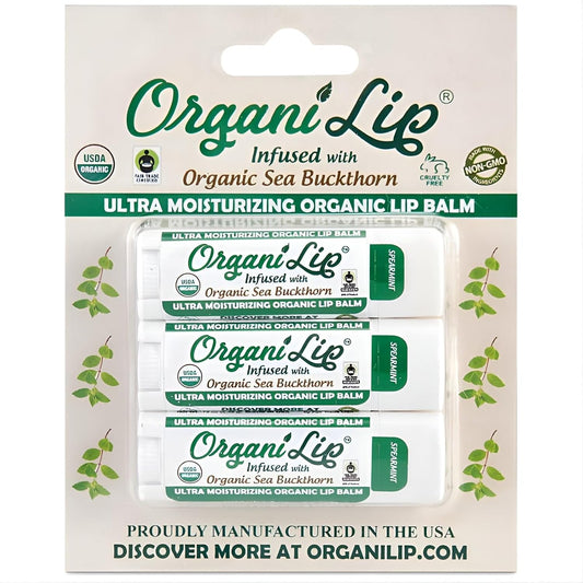 Organic Lip Balm, Spearmint Flavor, Ultra Hydrating Lip Moisturizer for Dry Lips, Oval Shaped Tube, USDA Certified Organic, 3 Pack - OrganiLip