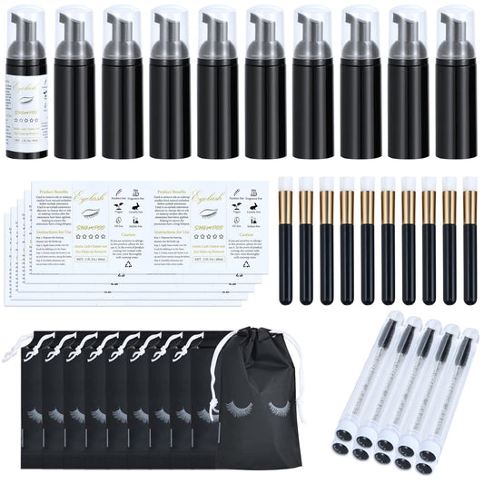 50 Pcs Lash Shampoo Bottle Brushes Set 10 Empty Foam Pump Dispensers 10 Label Stickers 10 Mascara Wands and Tubes 10 Cleansing Brush 10 Bag for Eyelash Extensions Aftercare(Black)