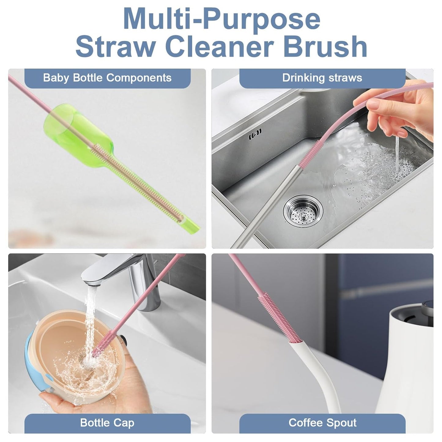 Reusable Silicone Straw Cleaner Brush Set, 2-Pack Extra Long Straw Cleaning Brush for Metal Glass Water Bottle Drinking Straws, Flexible&Bendable Design, Dishwasher Safe, 6mm & 8mm Diameter