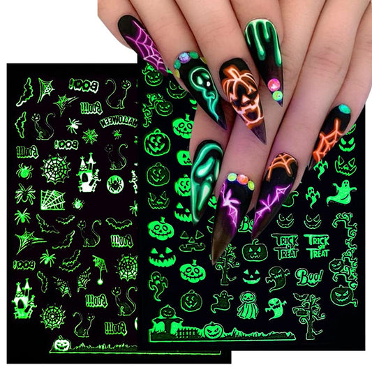 Luminous Nail Stickers - 3D Halloween Nail Art Designs - Skull, Ghost, Pumpkin, Spider, Bat Decals - Self-Adhesive, 6 Sheets