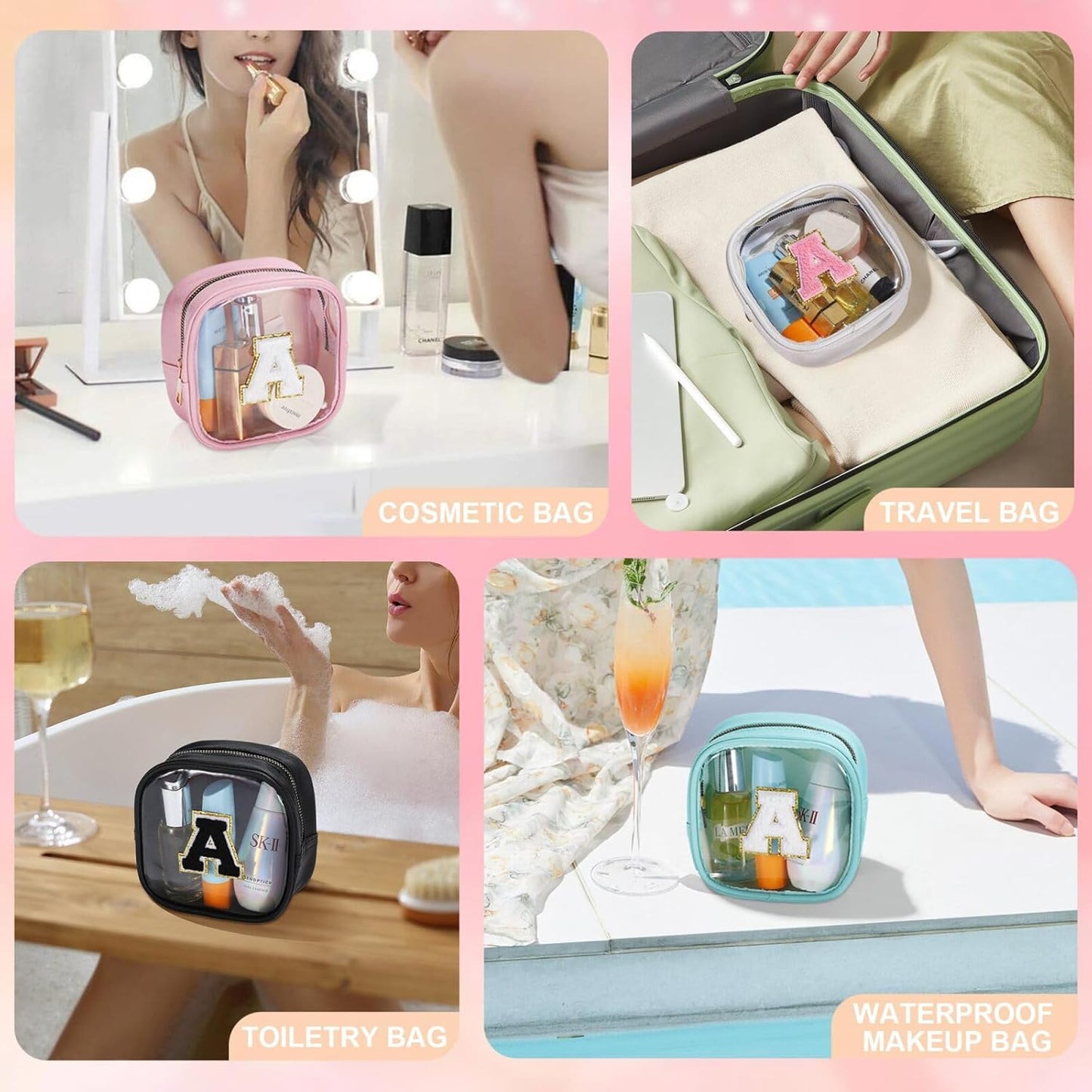 YOOLIFE Mini Initial Makeup Bag | Clear Makeup Bag | Preppy Cosmetic Bags Travel Essentials Gifts for Women Teen Girlfriend Teacher Birthday Clear Toiletry Bag Small Cosmetic Bag for Purse Pink K