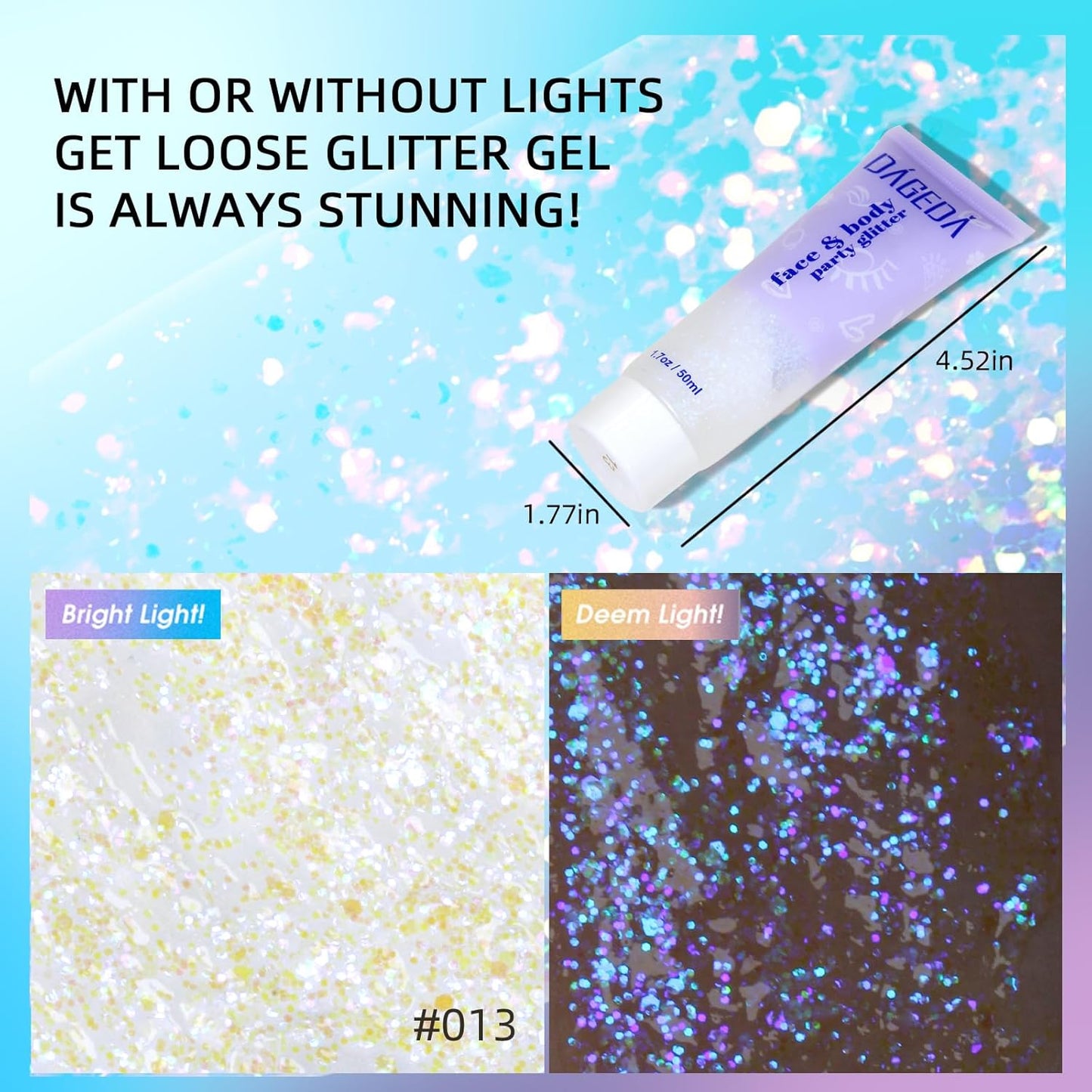 DAGEDA Body Glitter Gel, Holographic Face Glitters Body Gel Shimmer Liquid Eyeshadow, Color Changing Glitter for Face Hair Nails, Glitter Under Light Festival Glitter Makeup 1.7oz (Mystic Purple)
