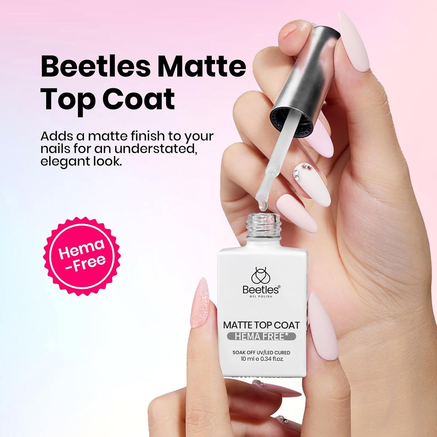 Beetles Hema Free Gel Top and Base Coat with Matte Top Coat Set, 3Pcs for Gel Nail Polish Soak Off UV LED Long Lasting Glossy & Matte Finish Nail Art Essentials