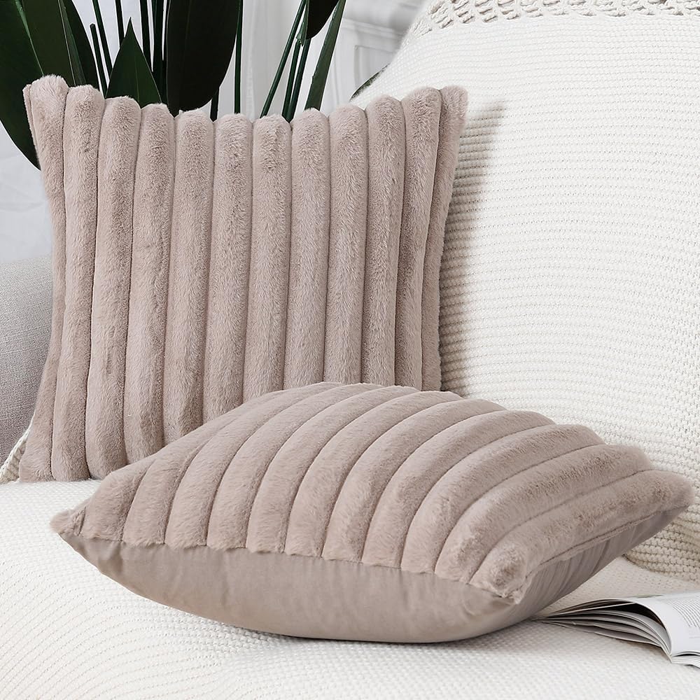 MADIZZ Set of 2 Faux Wool Plush Decorative Throw Pillow Covers 22x22 Inch Taupe Fluffy Striped Soft Decorative Cushion Cover for Sofa Bedroom Pillow Shell