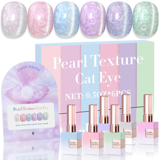 Double Rhythm Cat Eye Gel Nail Polish Set of 6 Same Color Same Bottle 0.5 Oz Shimmer Glitter with Magnet Holographic Reflective Magnetic UV Nail Polish Kit (Pearl Pink Blue Green Purple-T6-36)
