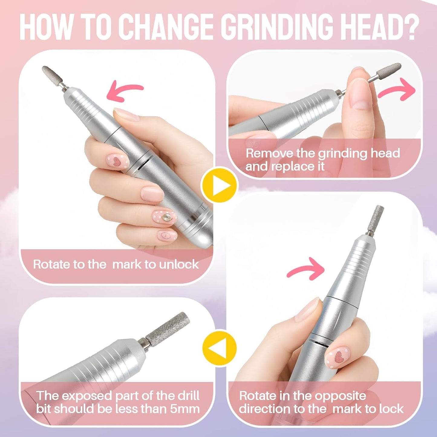 Electric Nail Drill Portable Nail Drill Professional 45000 RPM 6 Salon Quality Drill bits 6 Sanding Bands Portable & Low Noise for Acrylic Nails Gel Polishing Removing Bits Kit for Home Use