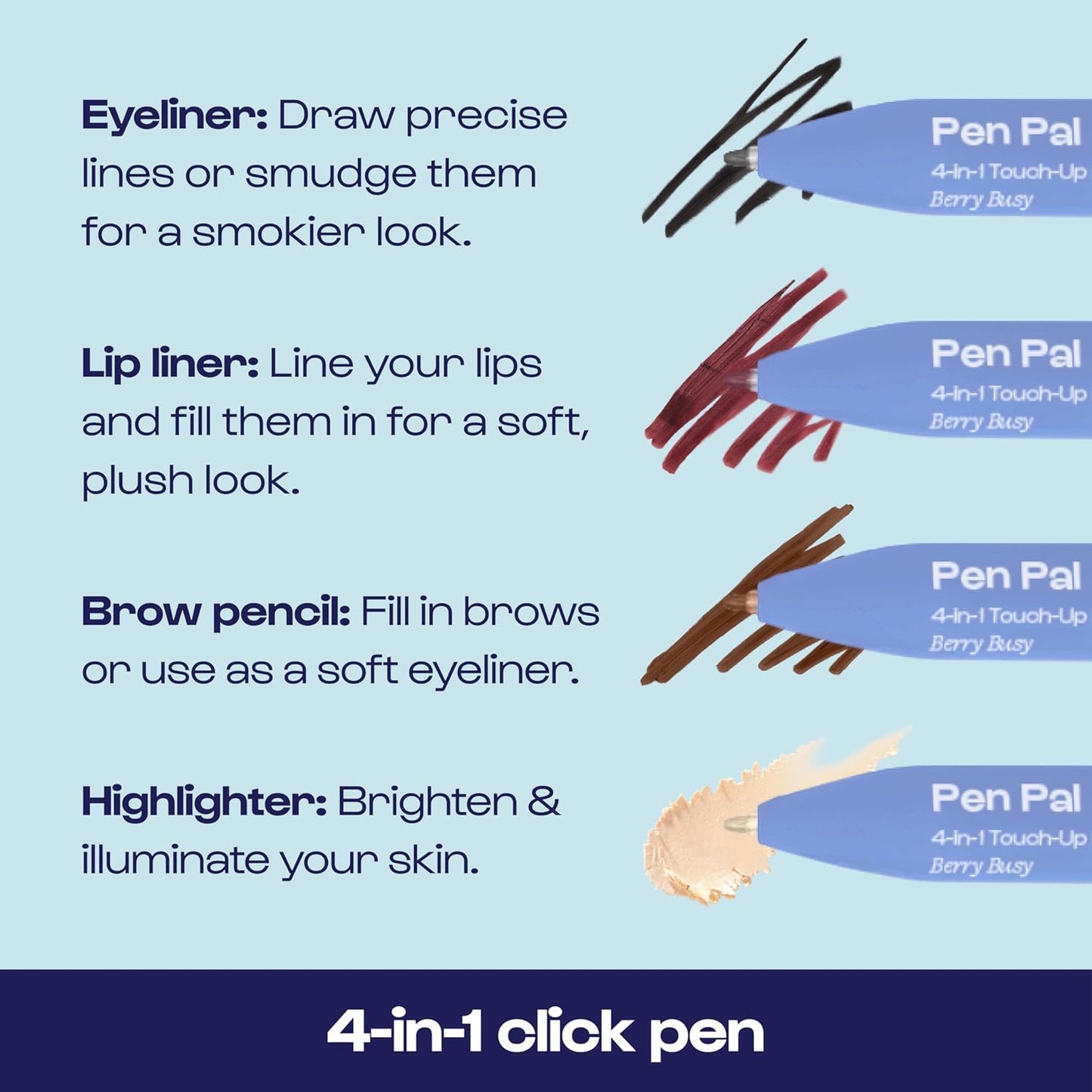 Alleyoop Pen Pal Touch-Up 4-in-1 Makeup Pen, Berry Busy (Medium - Deep) - Travel Make Up Set with Eyeliner, Brow Pencil, Highlighter & Lip Liner - High-Pigment Formula, Easy & Smooth Application