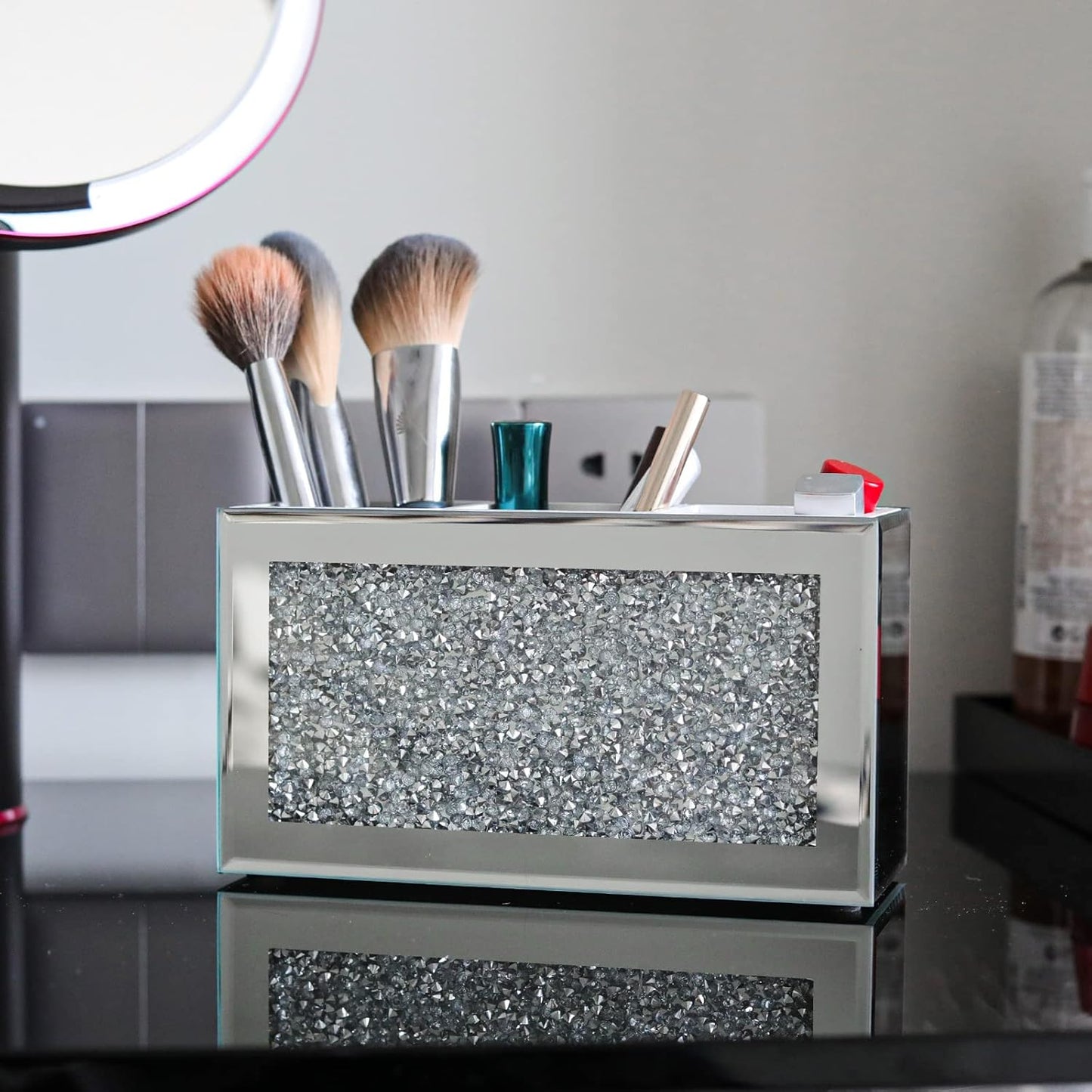 SWTHONY Silver Makeup Brush Holder Organizer, Bling 3 Slot Crushed Diamond Crystal Mirrored Cosmetic Brushes Storage, Eyeliners Eyebrow Pencil Display Case