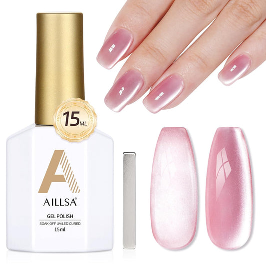 AILLSA Glass Cat Eye Gel Nail Polish, 15ml Pink Glitter Jelly Sheer Gel Polish, Translucent Magnetic Shimmer Sparkle Nail Art U V Salon 0.5 OZ GF36