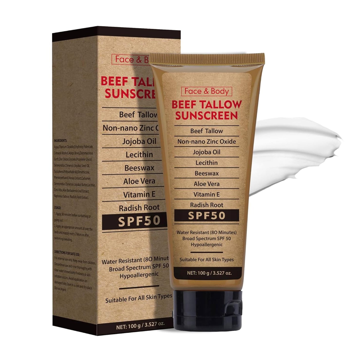 Beef Tallow Sunscreen for Face Body,Tallow Sunscreen SPF 50 Water-Resistant for Summer Outdoor Travel 3.52 OZ