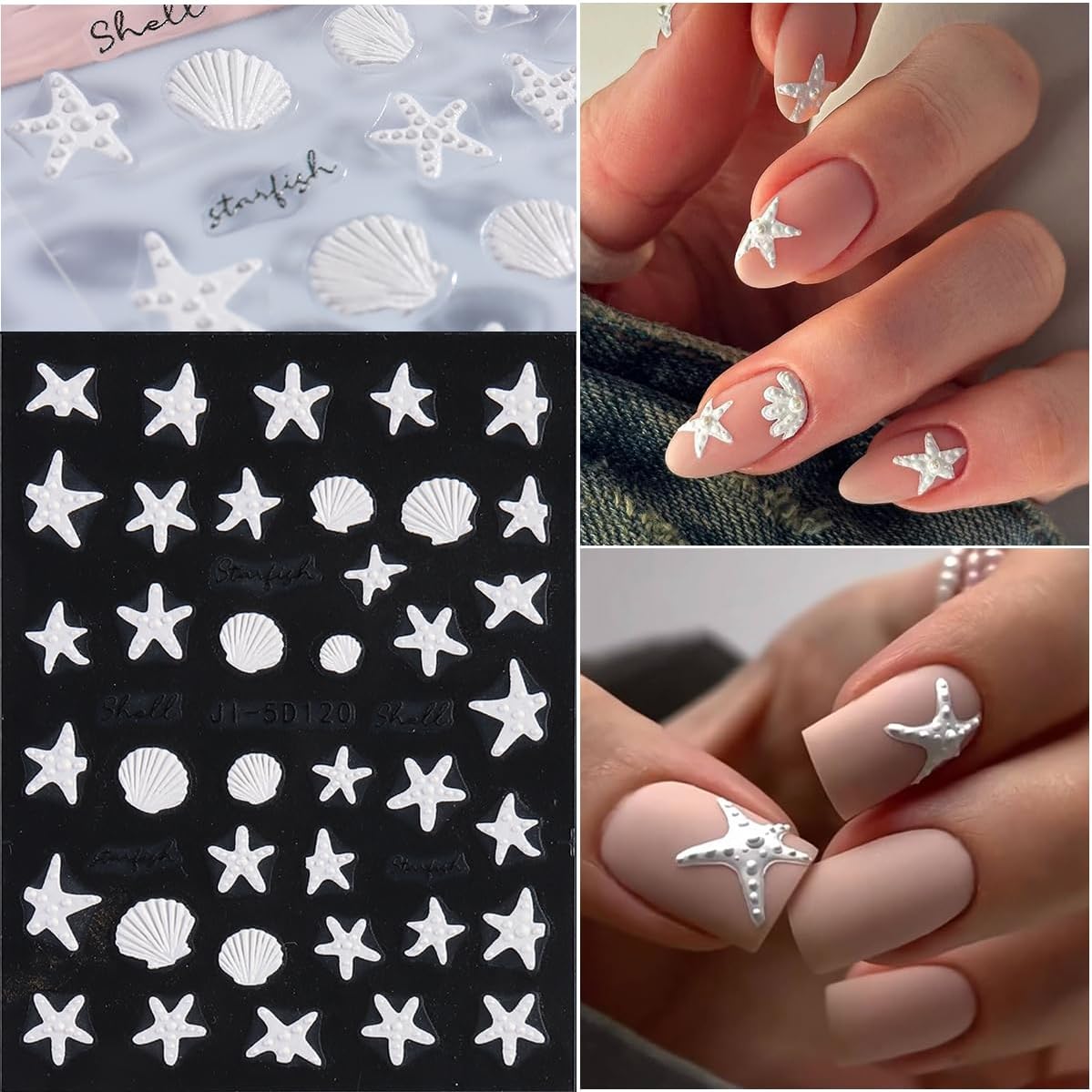 Summer Ocean Nail Stickers, Starfish & Sea Horse Nail Decals, 4 Sheets 5D Embossed Vacation Nail Art