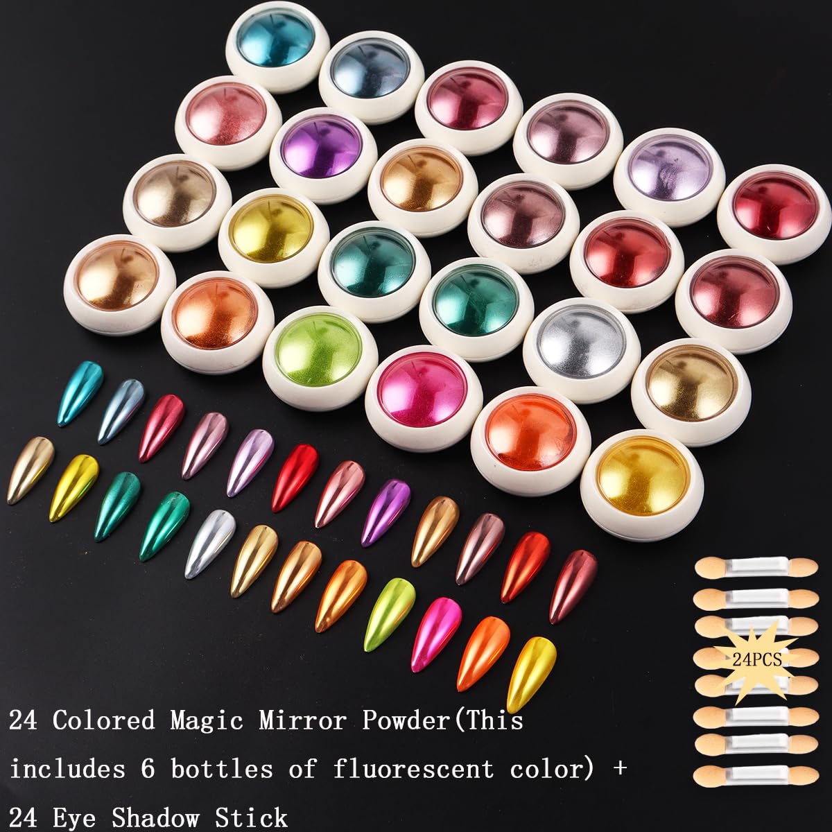 24Pcs Chrome Nail Powder Set - Metallic Mirror Effect Holographic Iridescent Aurora Mermaid Nail Powder Pigment Silver Red Green Gold Nail Chrome Powder for Nails Art Decoration(24 Eye Shadow Sticks)
