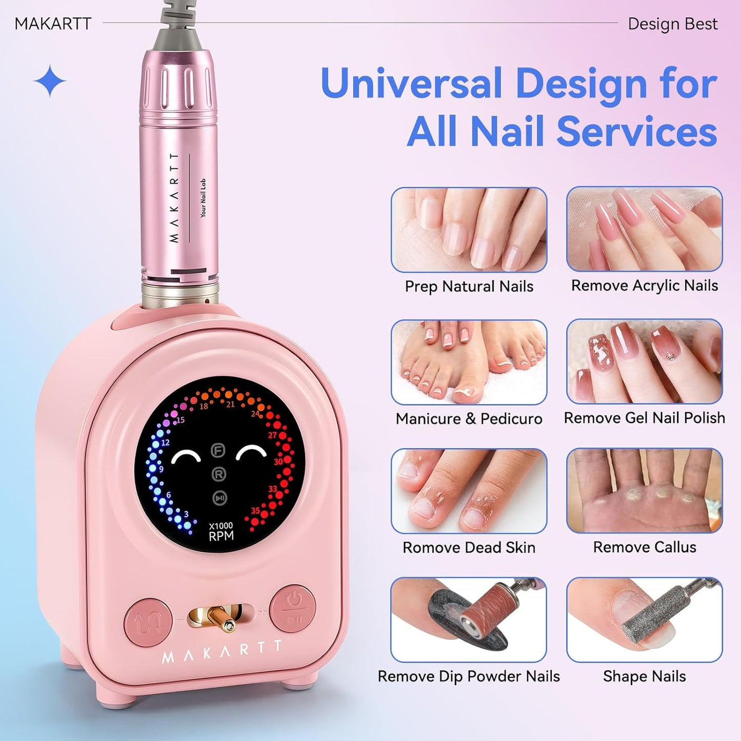 Makartt Electric Nail Drill - Professional 35000RPM E-File Machine Portable Nail Drill Kit with Drill Bits,Cute Compact Efile Salon Use Low Noise Manicure Pedicure for Acrylic Gel Nails Pink