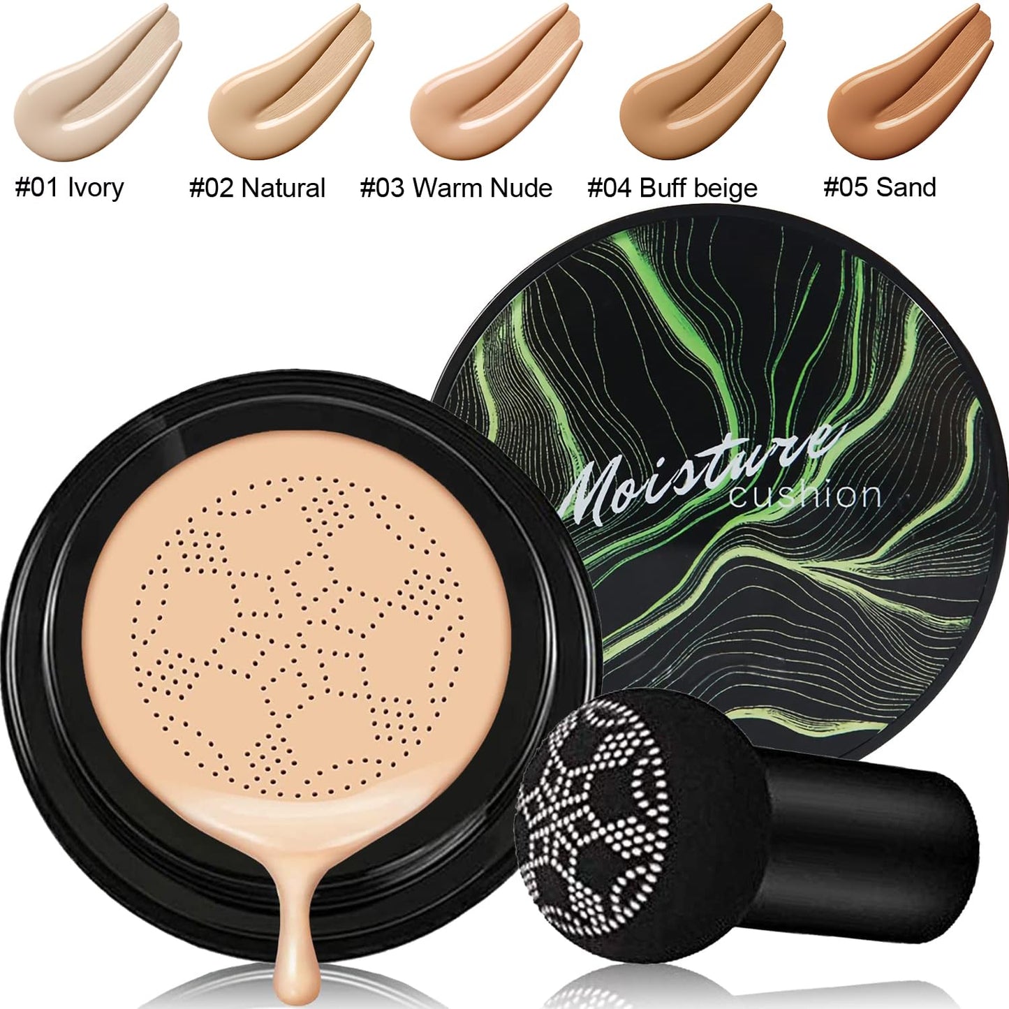 Mushroom Head Air Cushion CC Cream Natural Foundation,PHOERA Foundation,PHOERA Concealer, PHOERA Primer, PHOERA Powder, Kabuki Makeup Brushes Foundation (101 Porcelain+01 Ivory CC)
