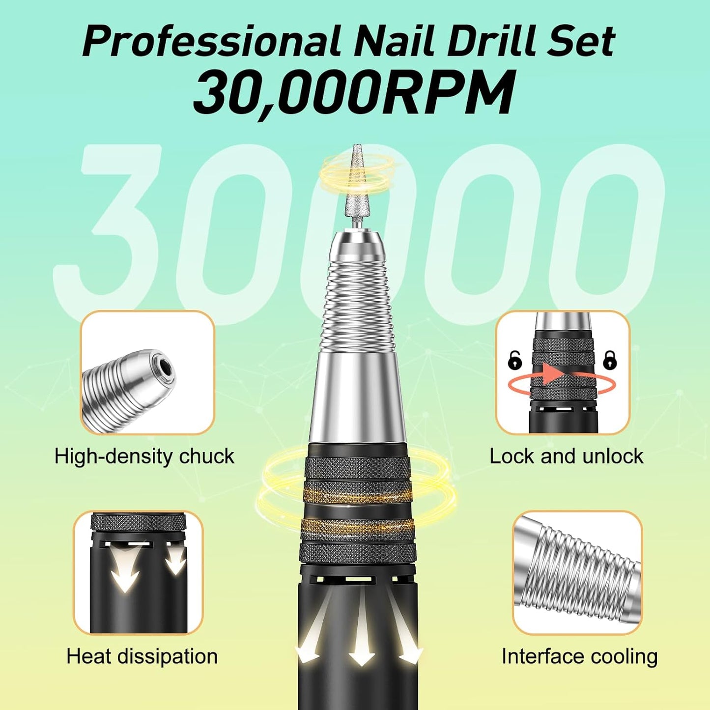30,000 RPM Professional Nail Drill, High Speed Grinder Manicure E File Kit, Acrylic Gel Nails Polish Remover Buffer for Artificial Nails with Nail Drill Bits and Sanding Bands(Grey)