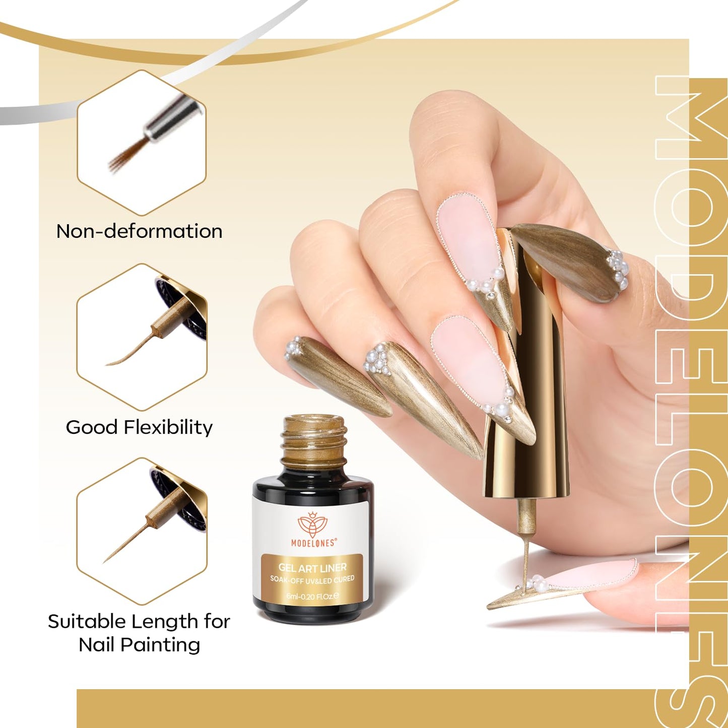 modelones Metallic Gold Silver Gel Liner Nail Polish 2 Pcs Chrome Mirror 3D Effect Nail Art Polish Bronze Thin Brush For Swirl Soak Off French Tip DIY Salon Nail Glue Manicure Gift For Women Girls