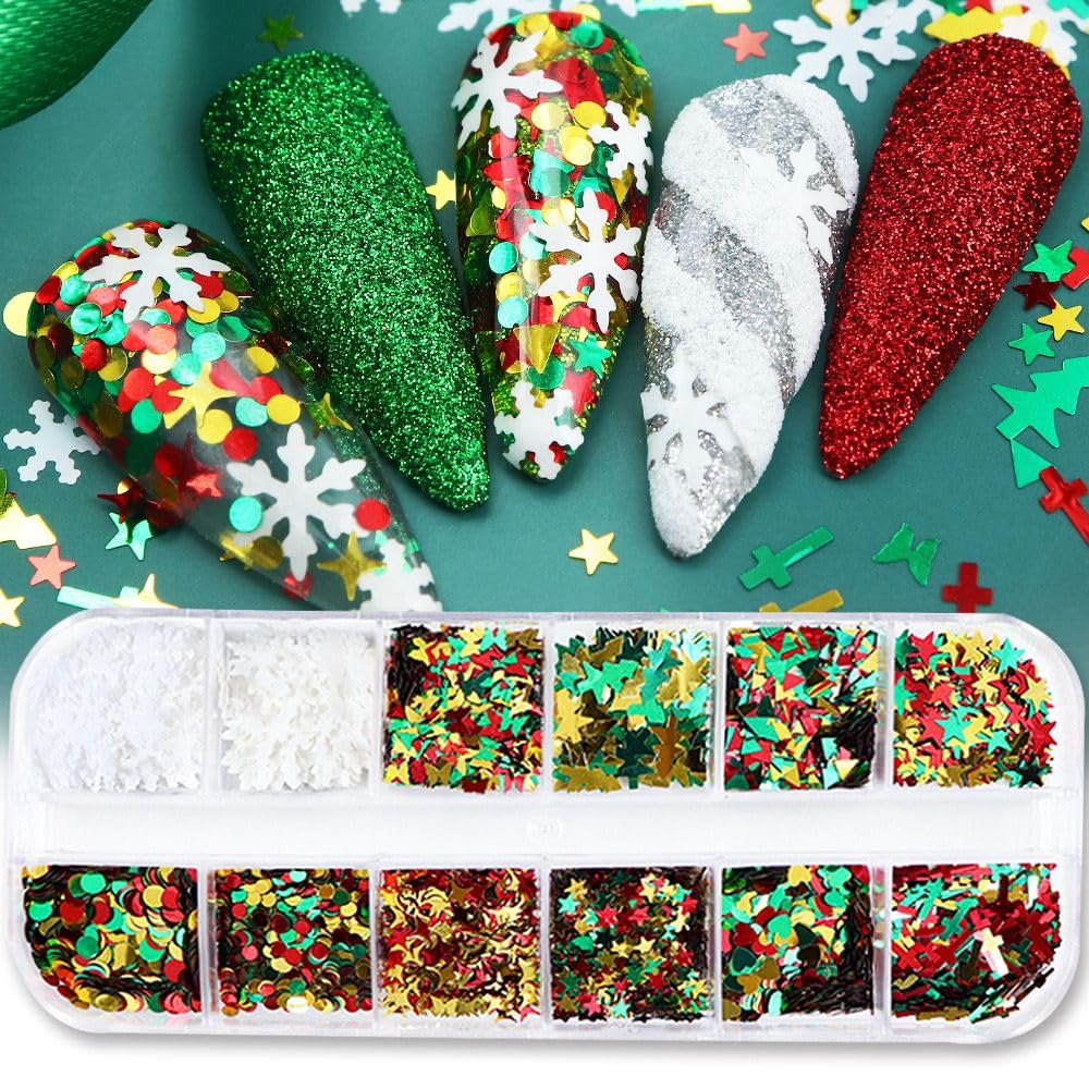 Christmas Nail Art Glitters Sequins, 3 Boxes Holographic Snowflake Nail Art Flakes Red Green White Winter Snowflake Star Glitter Sticker Decals Manicure DIY Xmas Decorations 36 Styles