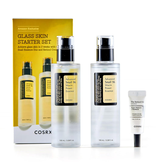 COSRX Glass Skin Korean Skincare Set- Advanced 96% Snail Mucin Serum (3.38fl oz * 2pcs) & Mini Sized 0.1% Retinol Cream for Face (0.1oz)- Korean Skin Care Gift Set, Anti Aging Set