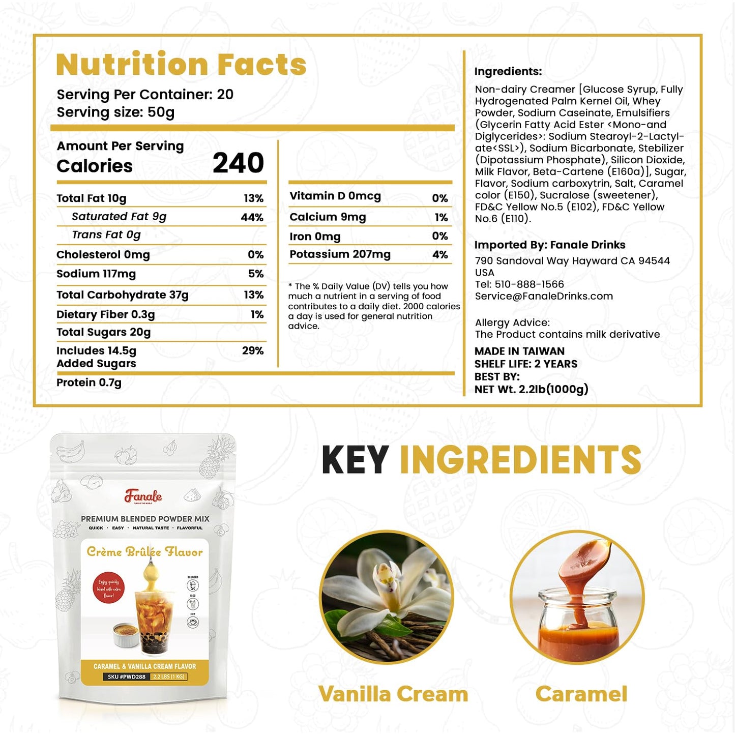 Fanale Premium Creme Brulee Bubble Tea Flavoring Powder | Perfect for Baking, Smoothies, Desserts and Drinks | Instant Flavoring Powder for Boba Milk Tea - 2.2 lb 1kg | PWD288