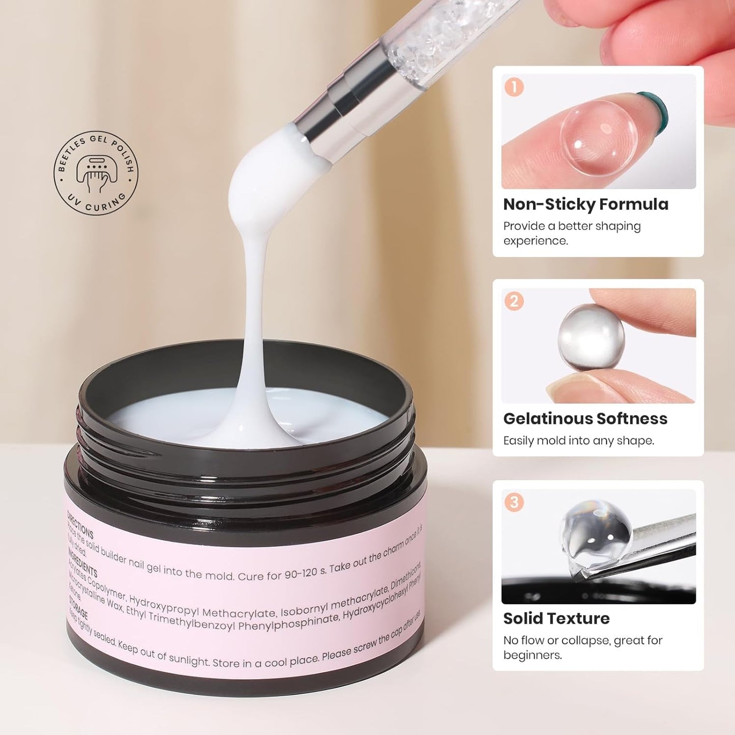 Beetles Solid Builder Nail Gel 1 oz White 3D Sculpting Gel for Nail Art Non-Sticky Extension with Rhinestones & Pearls and Rhinestones Glue Double-Head Pen DIY Salon Home for Women