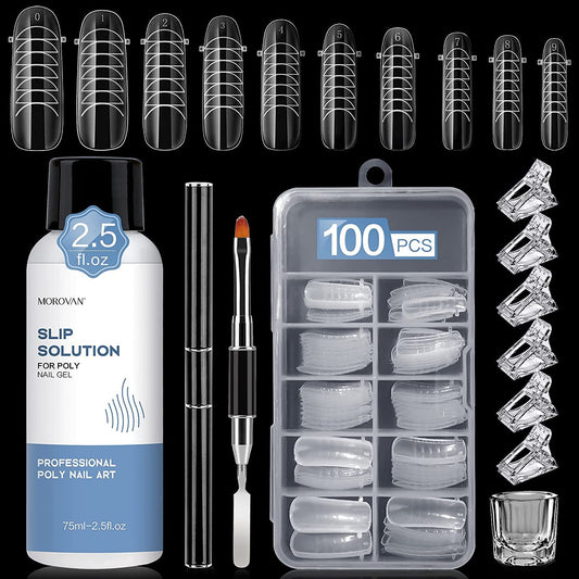 Morovan Nail Slip Solution Kit: 2.5 OZ Anti‑Stick Gel Liquid for PolyGel Nails with Dual‑Ended Brush & Nail Forms Ideal Easy Spread for Beginners