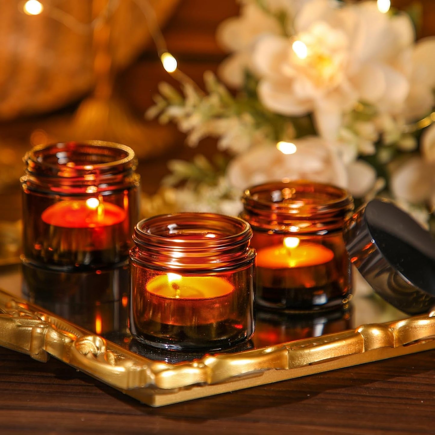 Domensi 48 Pcs 2 oz Glass Jars with Lids Travel Size Round Leakproof Empty Cosmetic Jars with Inner Liners Lid for Storing Makeup Lotions Face Cream Ointments Candle DIY Making (Amber)