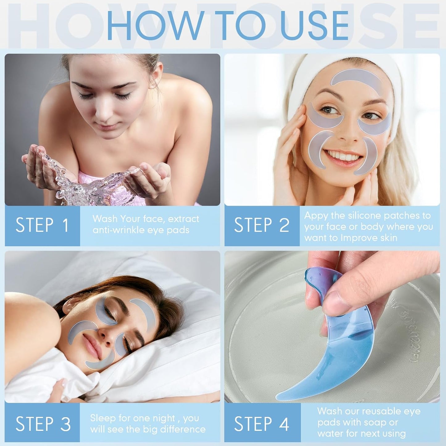 Syhood 12 Pieces Silicone Eye Wrinkle Pads Anti Aging Silicone Pads Reusable Reduce Skin Wrinkles Under Eye Patches Cleavage Pads for Mouth and Eyes(Blue)