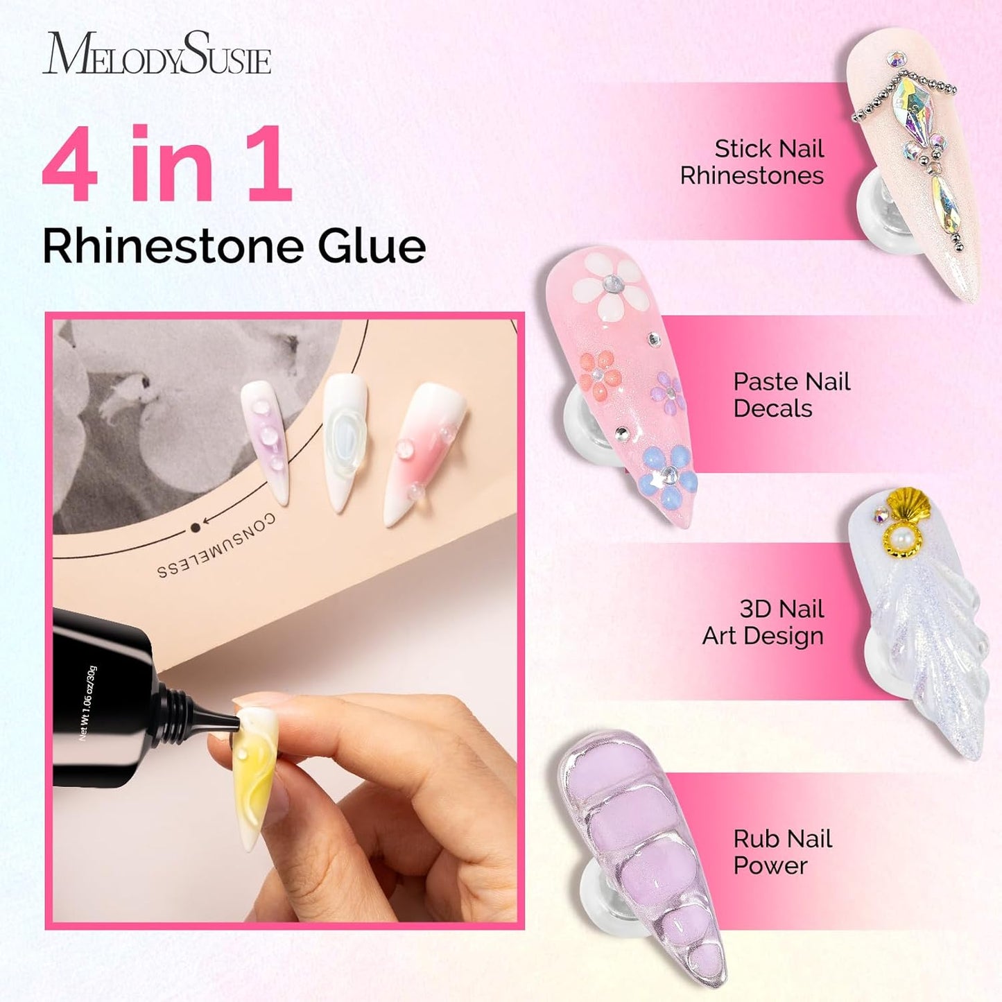 MelodySusie Nail Rhinestone Glue Set, 3D Gel Nail Art Design Strong Adhesive Nail Gem Glue for Nail Charms Gems Jewelry Decoration DIY Manicured at Home Cured Need Beauty Gifts for Women