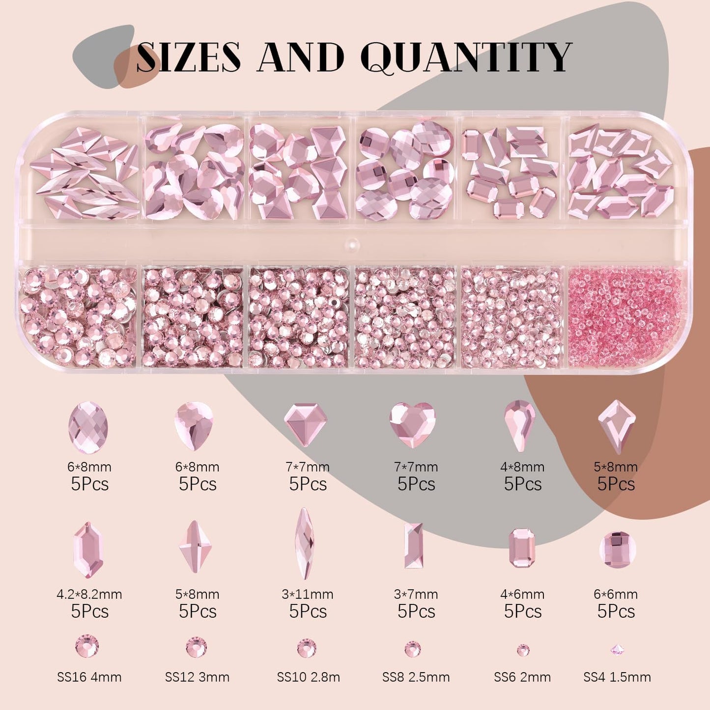 2060Pcs Pink Glass Nail Rhinestones 60Pcs Multi Shapes Flatback Nail Gems + 2000Pcs 1.5-4mm Round Crystal with Rhinestones Glue Gel, Manicure Nail Charms Diamond Gemstones for Nail Art