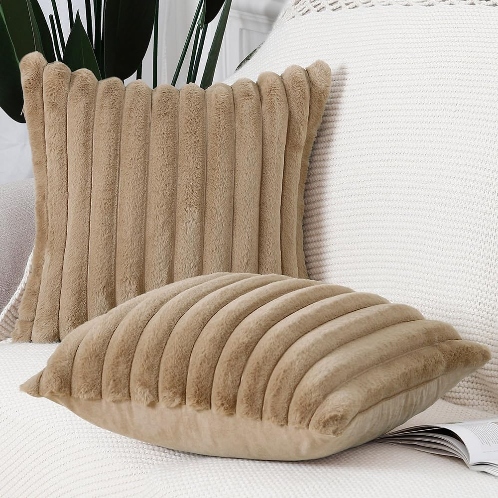 MADIZZ Set of 2 Faux Wool Plush Decorative Throw Pillow Covers 18x18 Inch Brown Fluffy Striped Soft Decorative Cushion Cover for Sofa Bedroom Pillow Shell