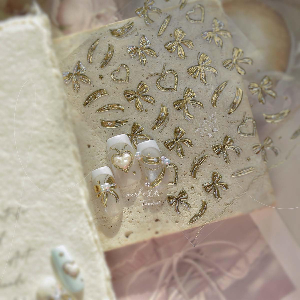 Gold Bow Nail Stickers for Nail Art Heart Bow Nail Decals Coquette Stickers for Nails 3D Self Adhesive Nail Art Supplies & Decorations for Women Girls,1 Sheet DIY Manicure Decor