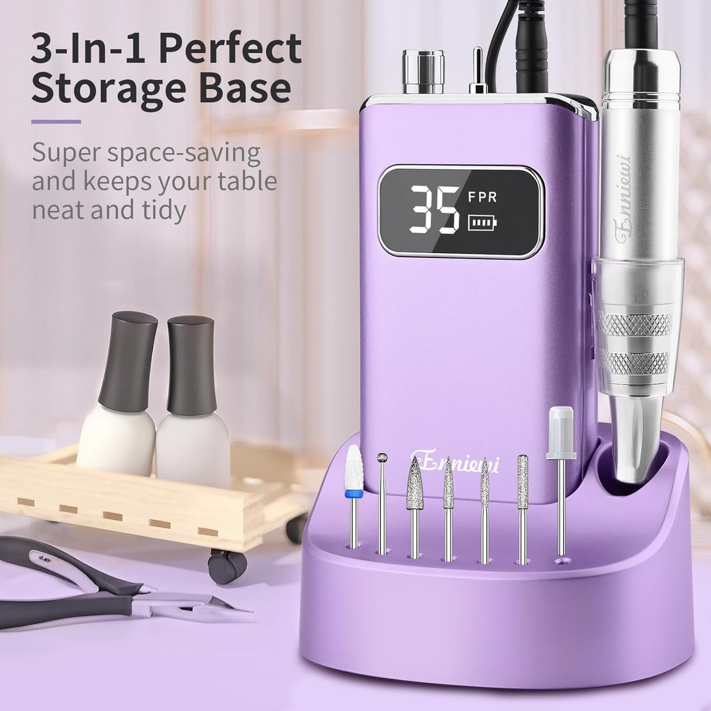 Electric Nail Drill File, Professional Portable Nails Drills Kit with Rechargeable Stand 7 Bits, Cordless E Filer for Gel Acrylic uñas Nails Remover Home Salon Manicure Pedicure Tools, Purple