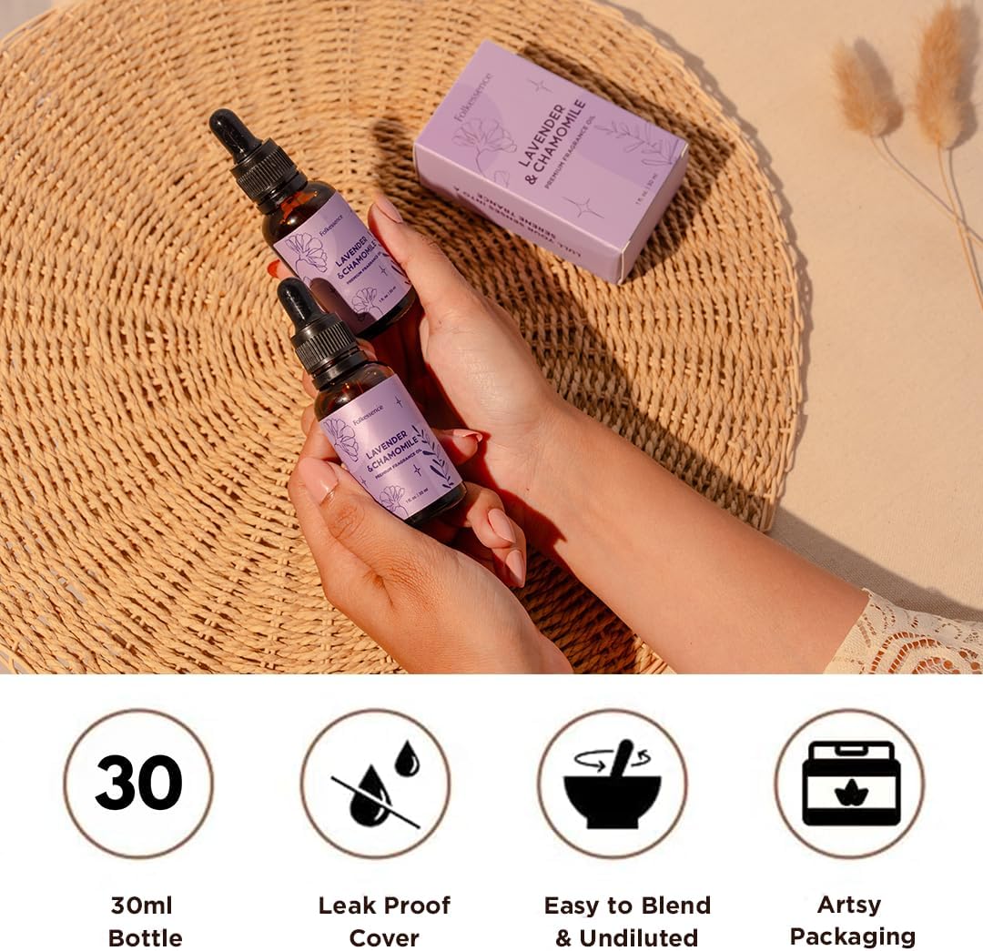 Folkulture Premium Essential Oil Blends for Diffuser for Home | 1.01 Fl Oz Lavender Essential Oils for Aromatherapy | Chamomile Fragrance Oils for Soap & Candle Making Scents or Massage