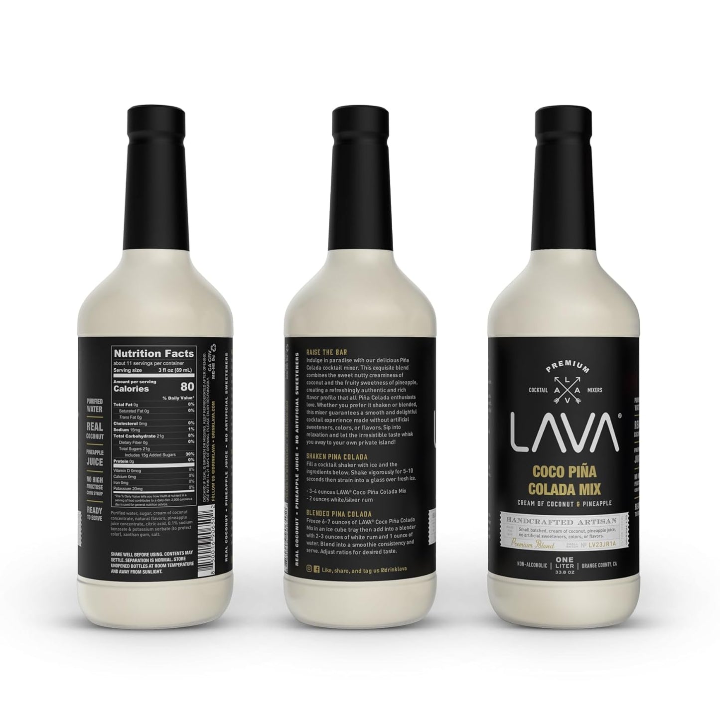 LAVA Premium Coco Pina Colada Made with Cream of Coconut and Real Pineapple, No Artificial Sweeteners or Flavors, 1-Liter (33.8oz) Glass Bottle.