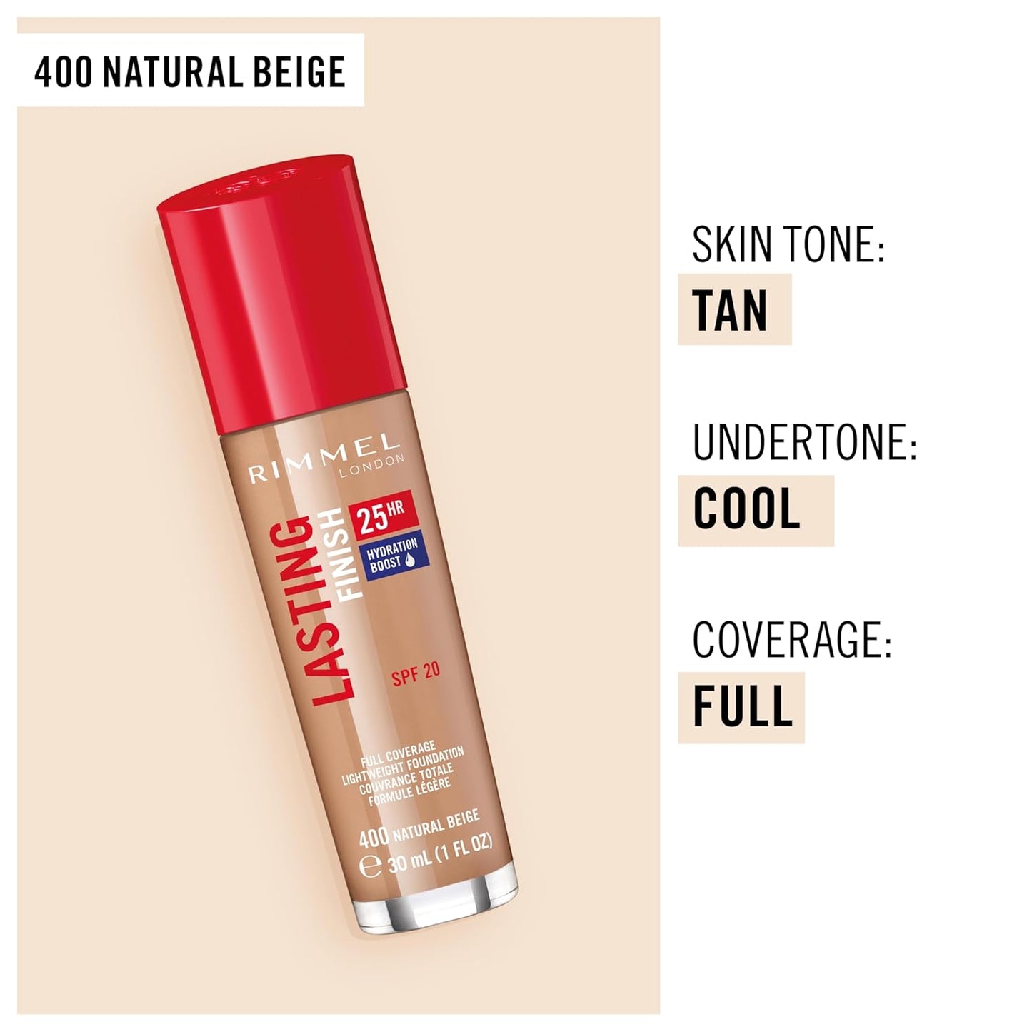 Rimmel London Lasting Finish 25HR - 400 Natural Beige - Foundation, 25-Hour Wear, Full Coverage, Waterproof, 1oz