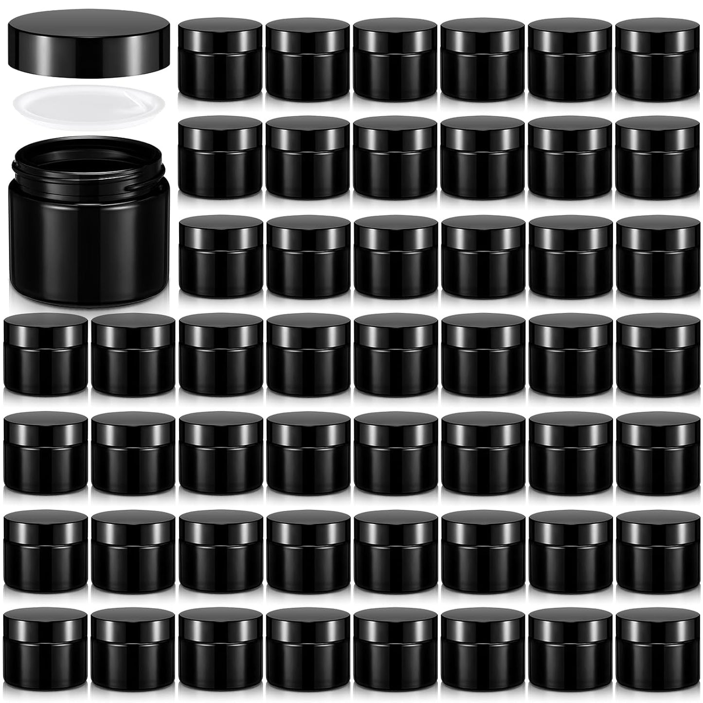 Domensi 48 Pcs 2 oz Glass Jars with Lids Travel Size Round Leakproof Empty Cosmetic Jars with Inner Liners Lid for Storing Makeup Lotions Face Cream Ointments Candle DIY Making (Black)