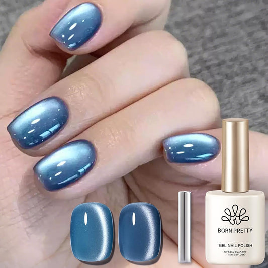 Born Pretty Cat Magnetic Eye Gel Nail Polish,Dark Blue Lover Jelly Glass Magnetic Gel Polish Glitter Soak Off Nail Art Salon Manicure Home Gift 15ml