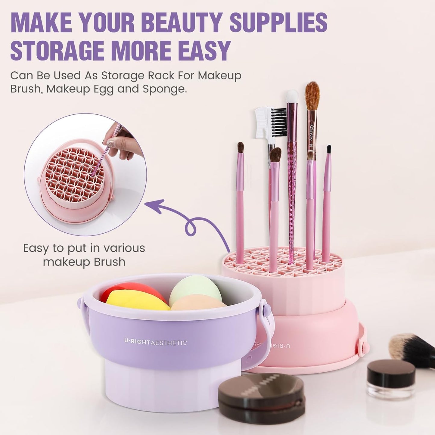 2 Pack Makeup Brush Cleaner Mat 3 in 1 Silicone Makeup Brush Cleaner Makeup Brush Cleaning Bowl Makeup Brush Sponge Scrubber Tool for Cleaning, Storage And Upside Down Drying(Two Purple)