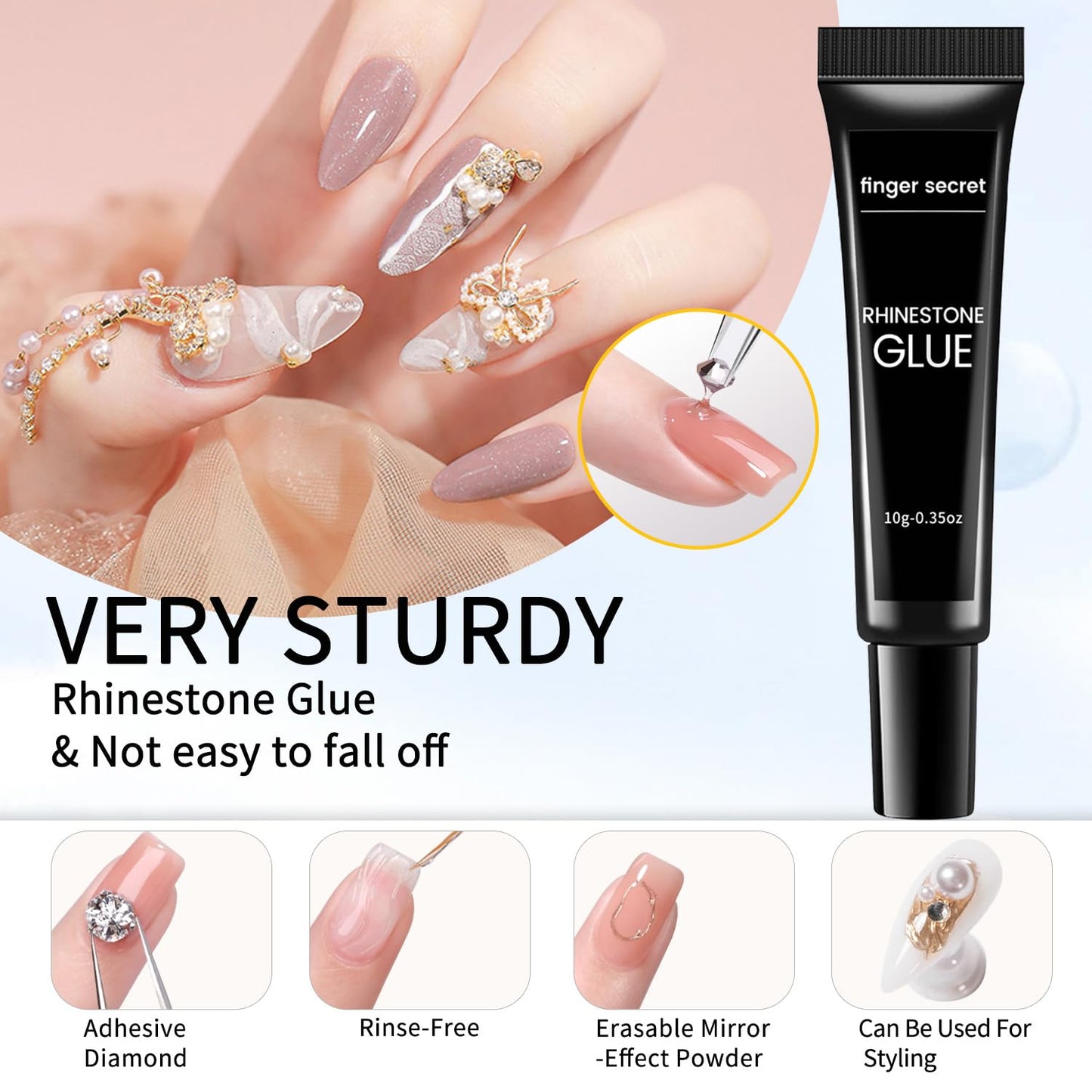 Rhinestone Glue Gel Kit- Superior Nail Art Glue for Nail Art Decorations, Charms, 3D Bling, Gems, Jewel Diamonds UV/LED Easy Application with Nail Rhinestone Glue Kit with Dotting pen