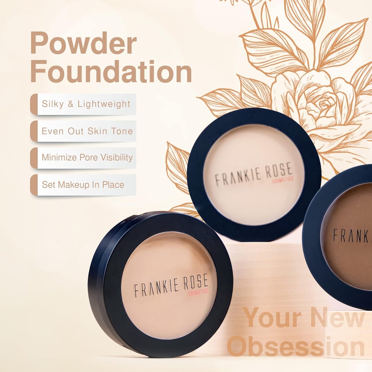 Frankie Rose Cosmetics Powder Foundation – Full Coverage Face Powder For Pores & Imperfections, Evens Out Skin Tone & Shine-Control | 58 Grams (Buff)