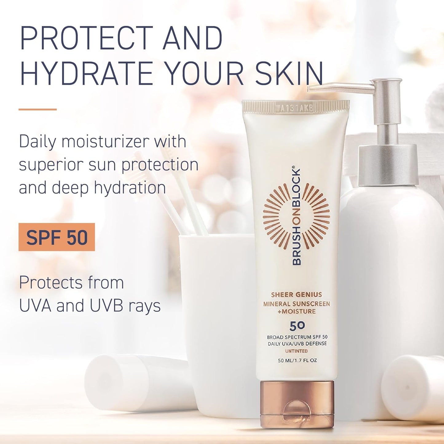 Brush On Block Untinted Mineral Sunscreen SPF 50 for Face | Broad Spectrum, Hyaluronic Acid, Sheer & Non-Greasy Moisturizer for Sensitive Skin, Zinc Oxide Sunscreen, P++++, Made in USA