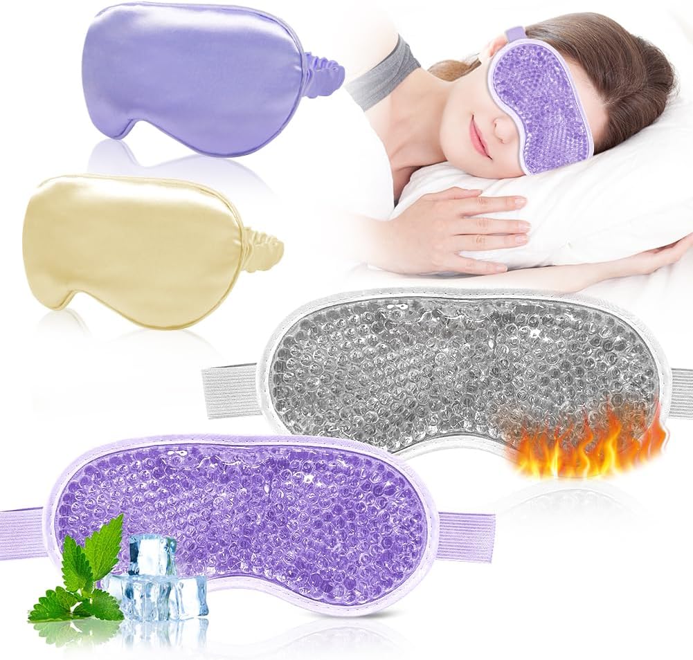 Cooling Eye Mask and Silky Sleep Mask 4 Packs for Man Women for Sleeping Frozen Ice Eye Mask Cold Warm Compress Dark Circles Puffiness Dry Eyes Gifting
