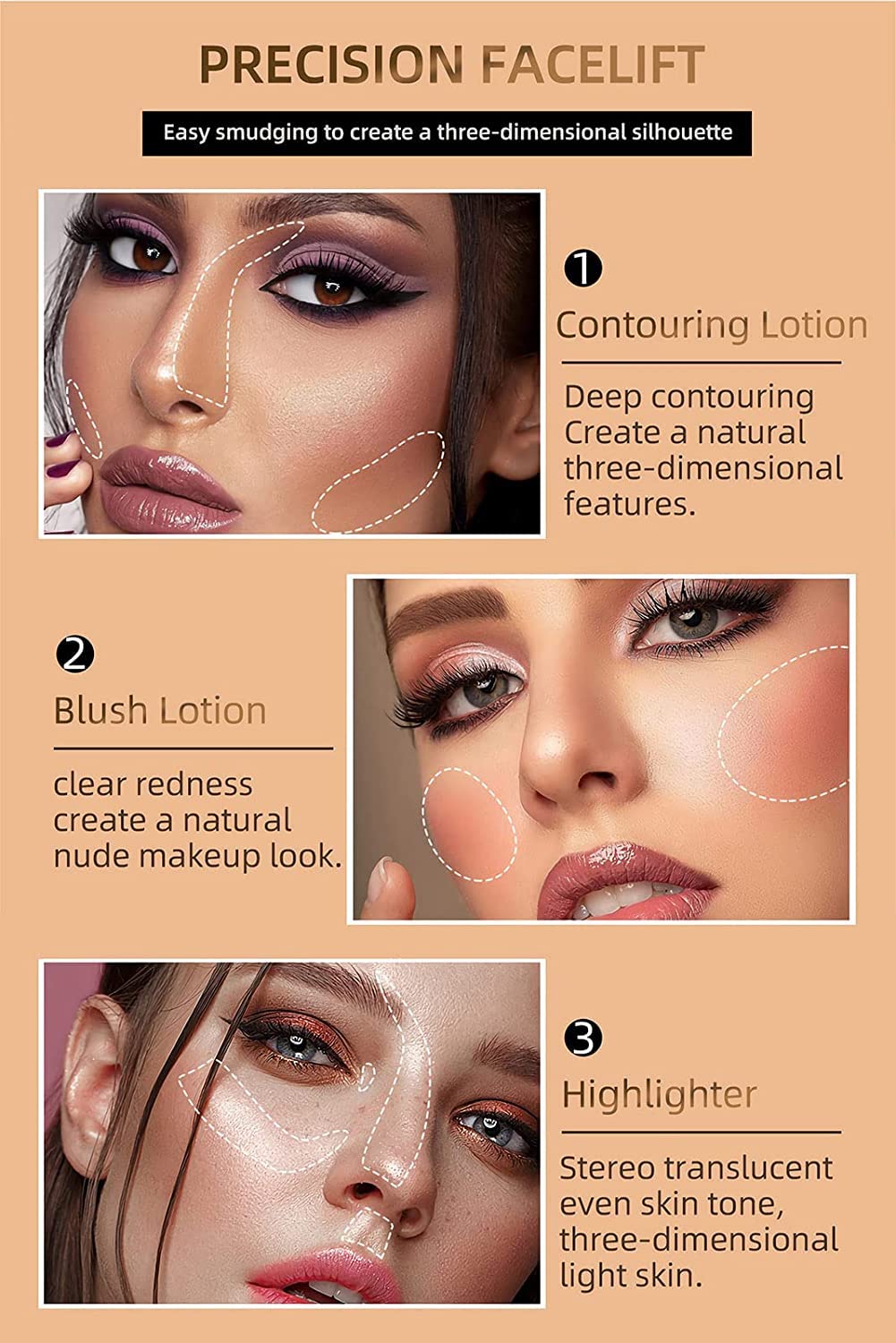 3 Pcs Liquid Contour Beauty Wand Set, Contour & Blush & Highlighter Stick with Cushion Applicator， Attached Easy to Blend, Long Lasting & Smooth Natural Matte Finish (01#03#04)