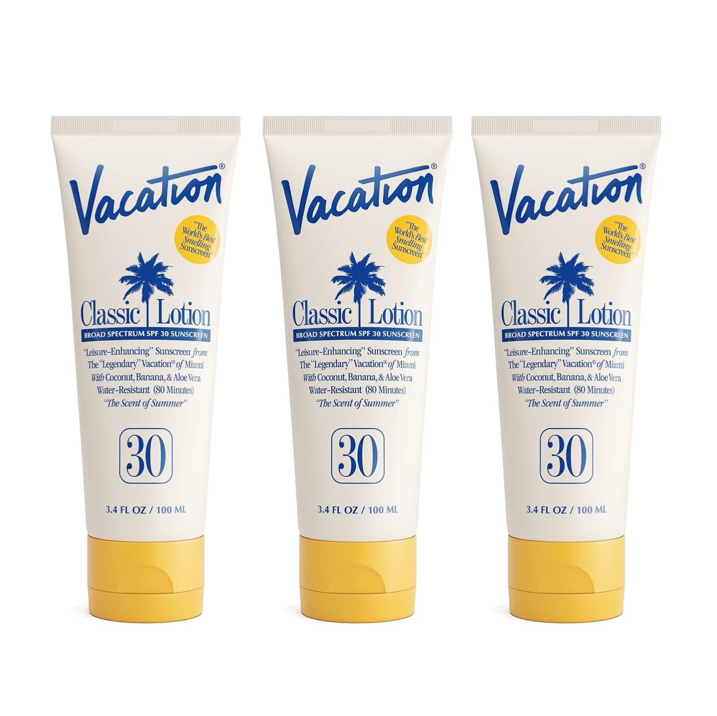 Vacation Classic Sunscreen Lotion SPF 30, Water-Resistant, Lightweight, Transparent on All Skin Tones, Dermatologist-Tested, Vegan, Travel Size, 3.4 Fl. Oz. (Value Pack of 3)