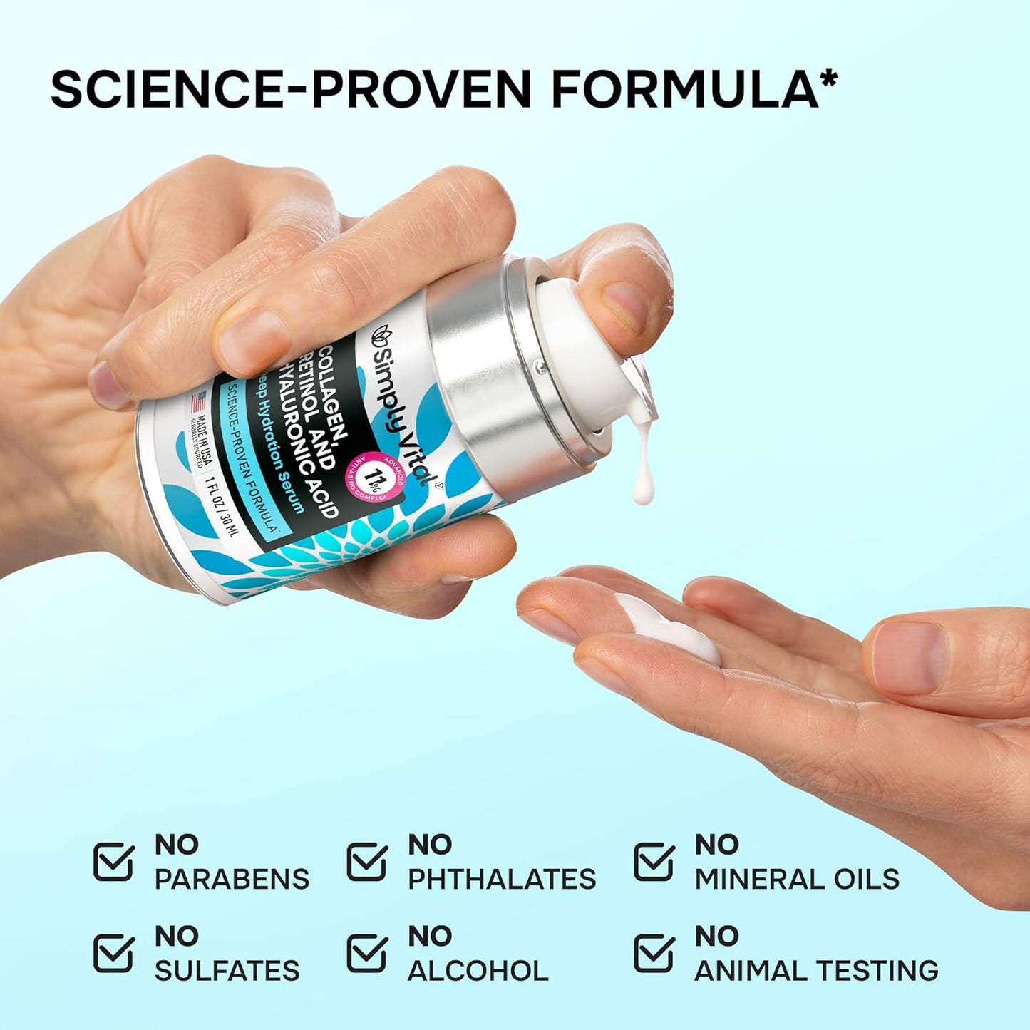 SimplyVital Collagen, Retinol & Hyaluronic Acid Serum - Moisturizer for Face, Neck & Décolleté – Lightweight Hydration for Daily Care – Made in USA – Hyaluronic Acid Cream – 1 fl.oz