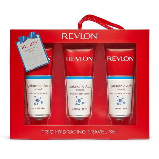 REVLON Get Carried Away Trio Hydrating Travel Set, Hyaluronic Acid Infused, Hydrating Body Wash, Body Lotion, Exfoliating Body Scrub, 3 Count (2.88 fl oz)