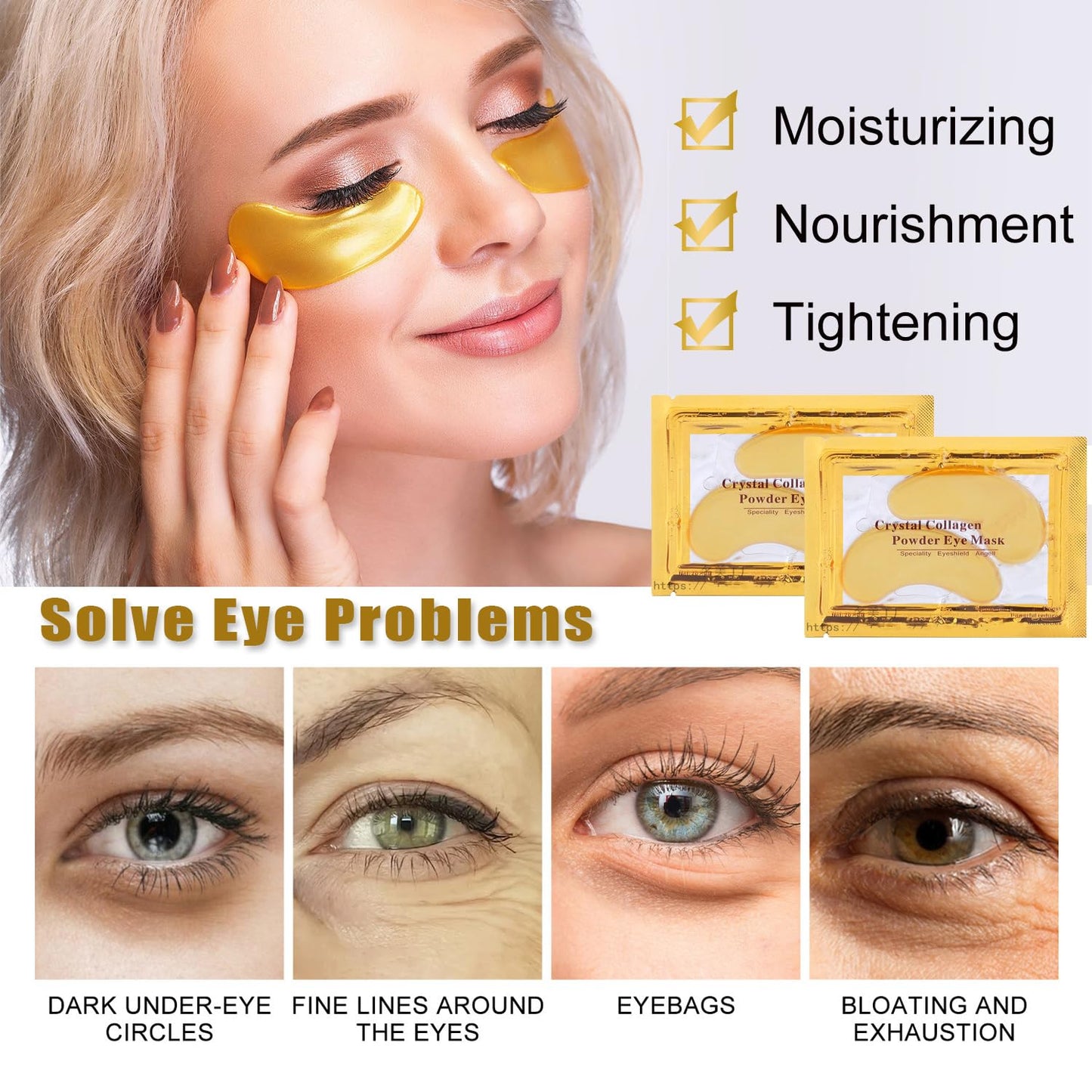 30 Pairs 24K Gold Eye Masks & Lip Masks, Crystal Collagen Gel Under Eye Patches for Puffy Eye, Moisturizing Cooling Skin Care Lip Eye Patches for Puffiness and Dark Circles